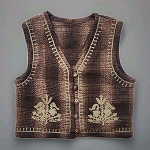 Compagnie Internationale Express Wool Folk Vest Women's L Brown Vintage Enbroder